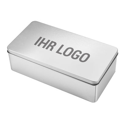 Rechteckige Metalldose mit Firmenlogo bedruckt