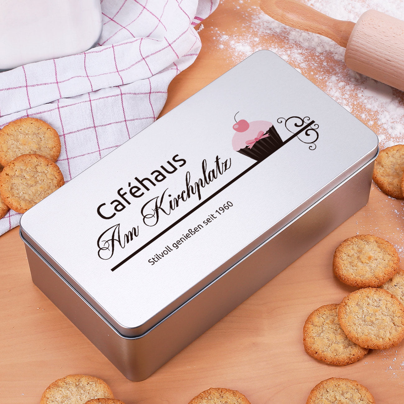 Rechteckige Metalldose mit Firmenlogo bedruckt