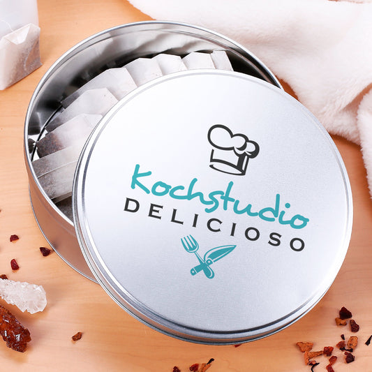 Runde Metalldose mit Firmenlogo bedruckt