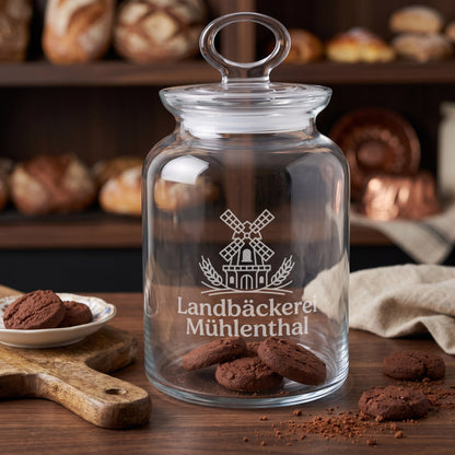 Vorratsdose mit Deckel aus Glas, graviert mit Logo oder eigenem Design