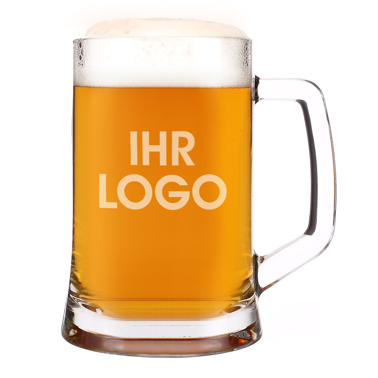 Bierkrug aus Glas mit Logo graviert