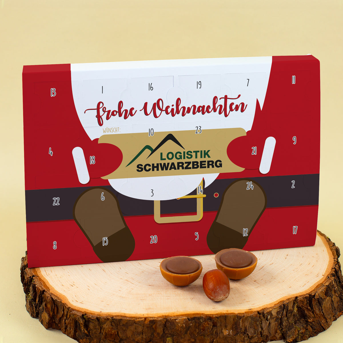 Gefüllter Toffifee Adventskalender mit Firmenlogo und Weihnachtsmann Motiv | Adventskalender für Mitarbeiter