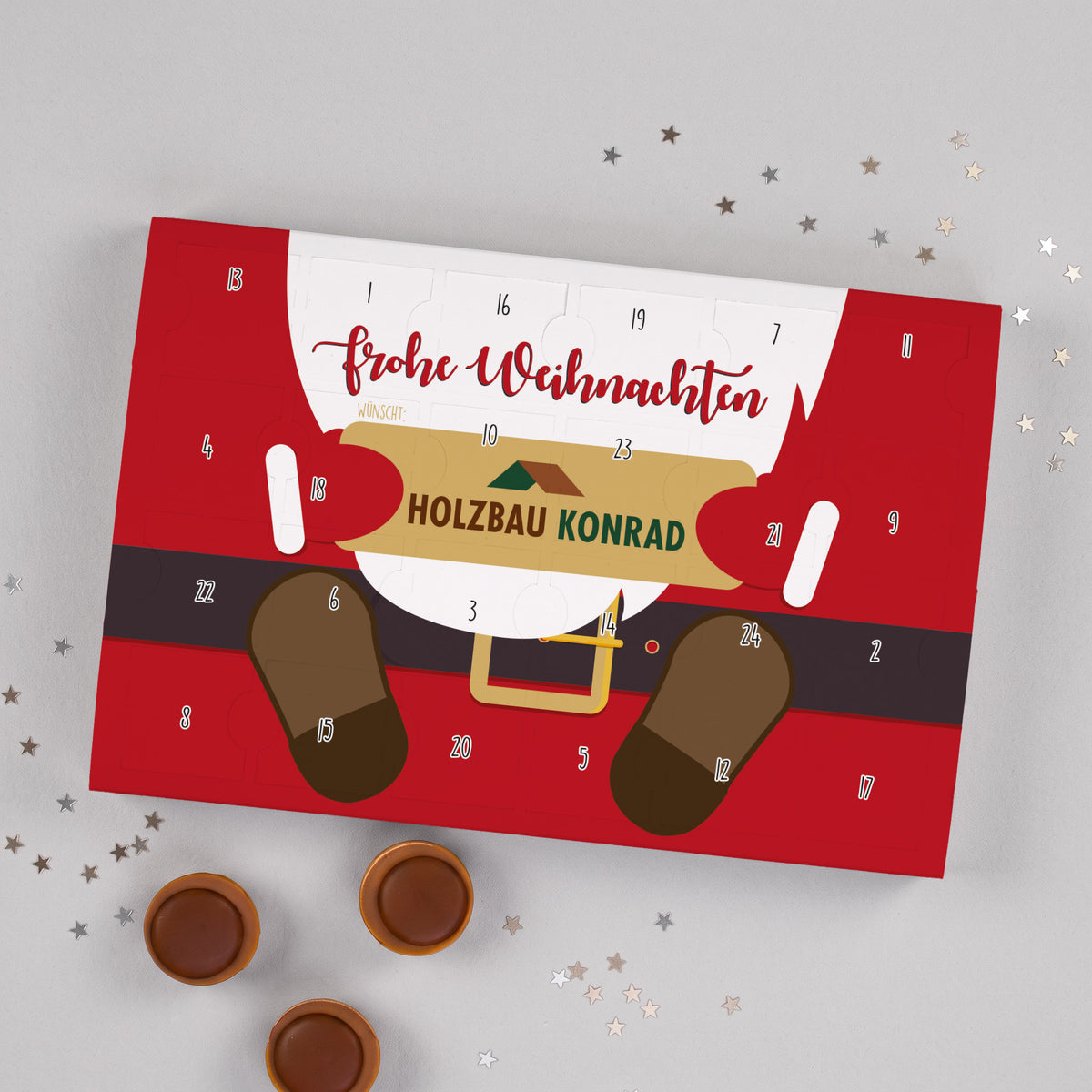 Gefüllter Toffifee Adventskalender mit Firmenlogo und Weihnachtsmann Motiv | Adventskalender für Mitarbeiter