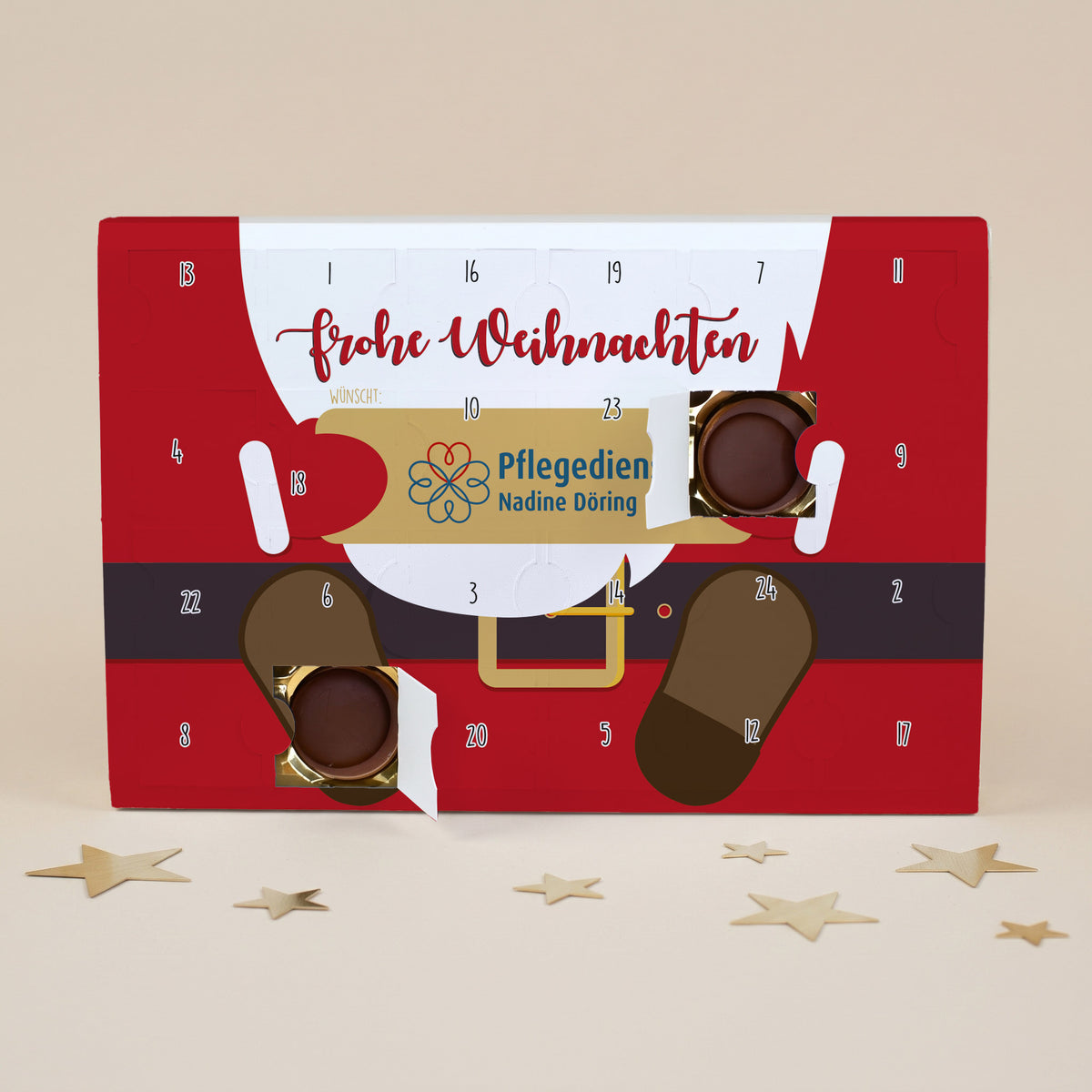 Gefüllter Toffifee Adventskalender mit Firmenlogo und Weihnachtsmann Motiv | Adventskalender für Mitarbeiter