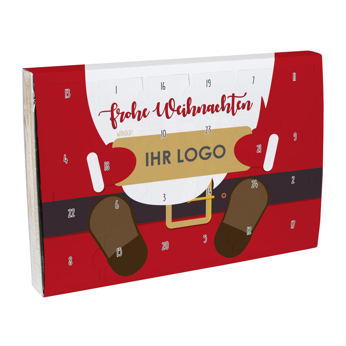 Gefüllter Toffifee Adventskalender mit Firmenlogo und Weihnachtsmann Motiv | Adventskalender für Mitarbeiter