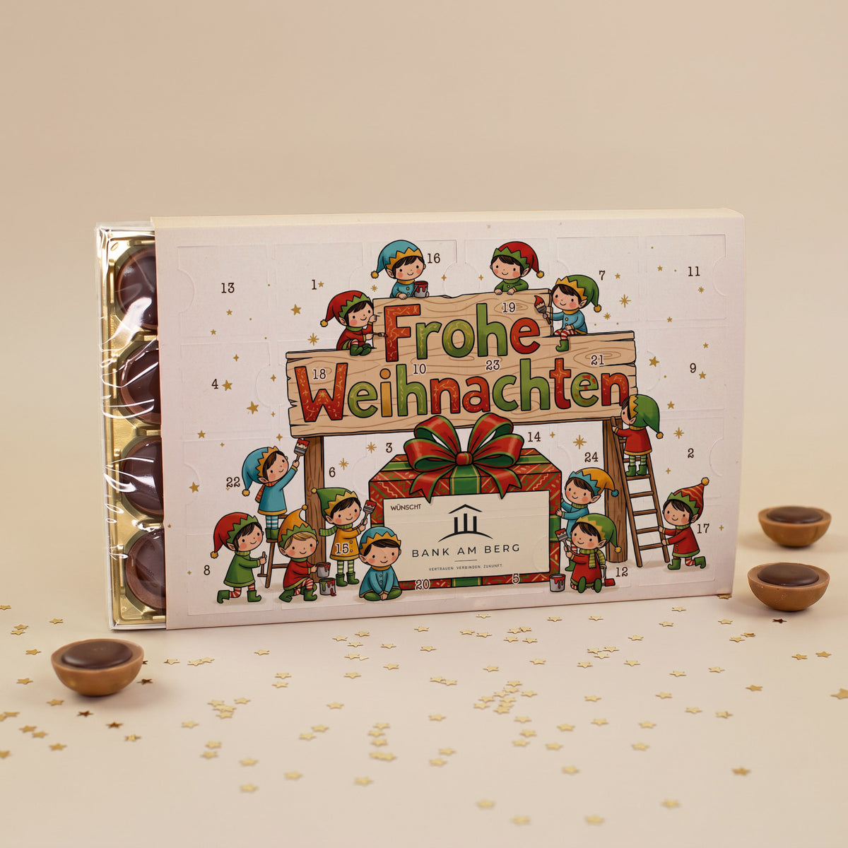 Toffifee Adventskalender „Wichtelwerkstatt“ mit Firmenlogo | gefüllter Adventskalender für Firmen