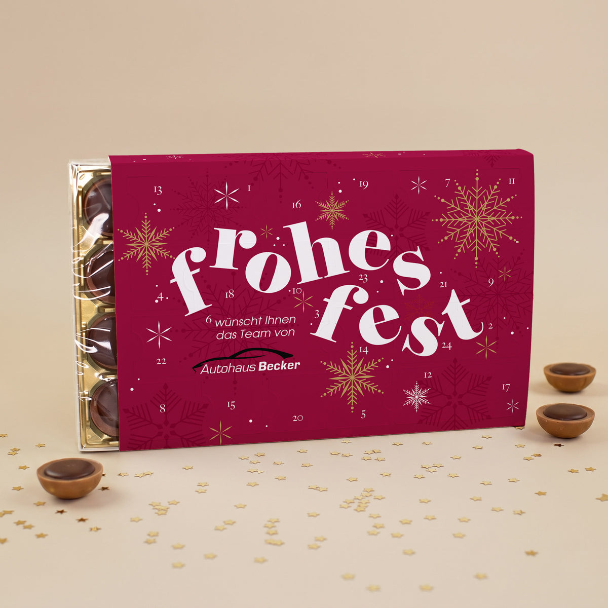 Toffifee Adventskalender mit Logo und Frohes Fest | gefüllter Adventskalender mit Firmenlogo