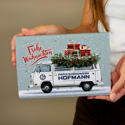 Toffifee Adventskalender mit Firmenlogo und Transporter-Motiv | gefüllter Adventskalender für Mitarbeiter mit Logo