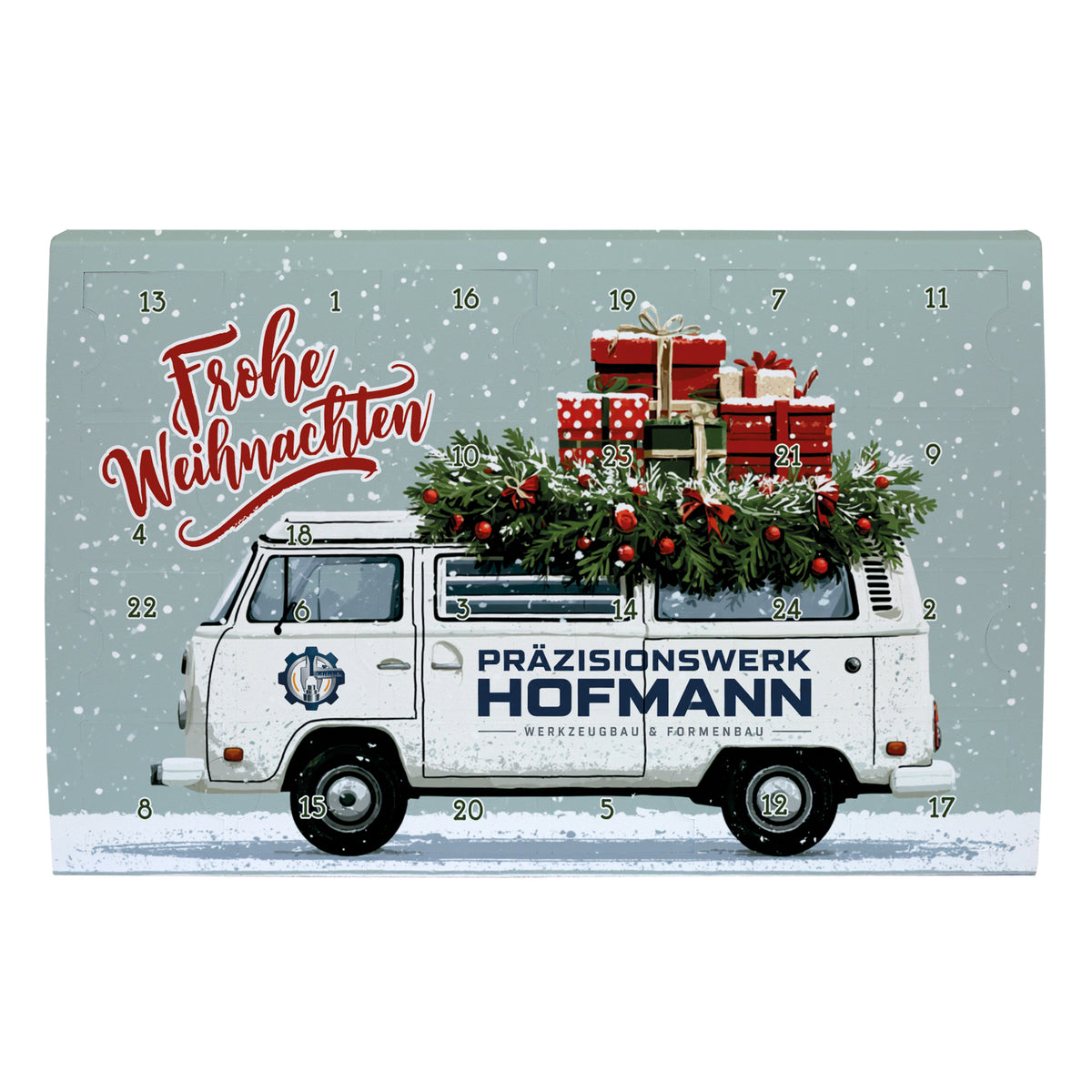 Toffifee Adventskalender mit Firmenlogo und Transporter-Motiv | gefüllter Adventskalender für Mitarbeiter mit Logo