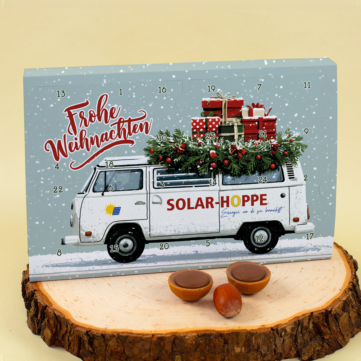 Toffifee Adventskalender mit Firmenlogo und Transporter-Motiv | gefüllter Adventskalender für Mitarbeiter mit Logo