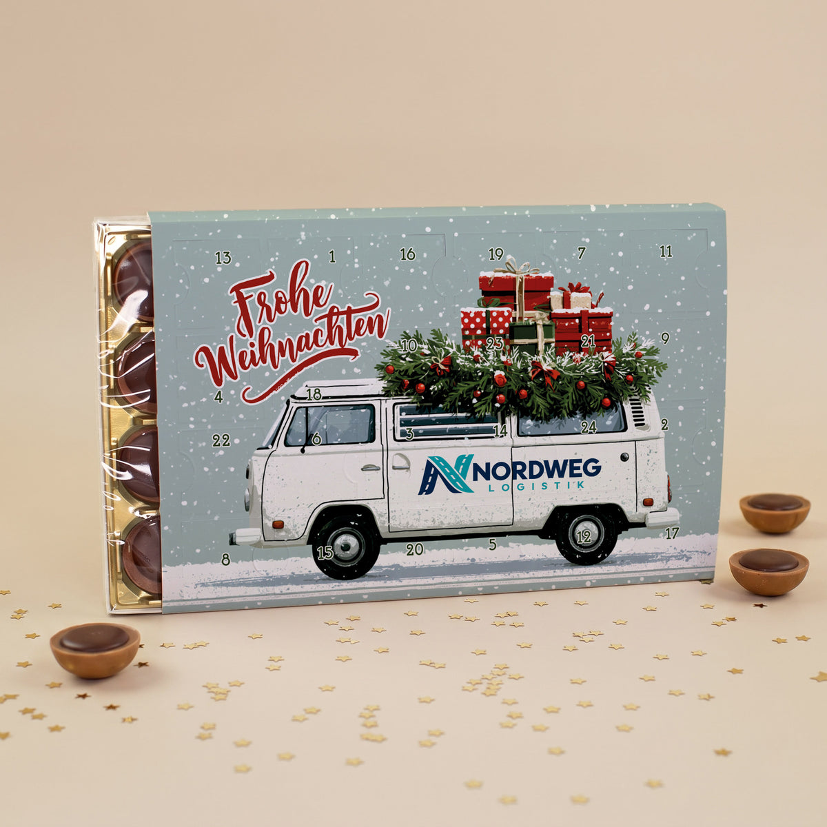 Toffifee Adventskalender mit Firmenlogo und Transporter-Motiv | gefüllter Adventskalender für Mitarbeiter mit Logo