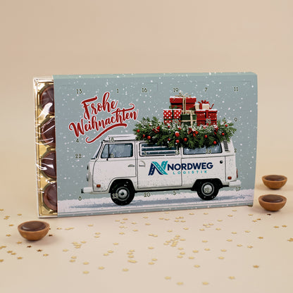 Toffifee Adventskalender mit Firmenlogo und Transporter-Motiv | gefüllter Adventskalender für Mitarbeiter mit Logo