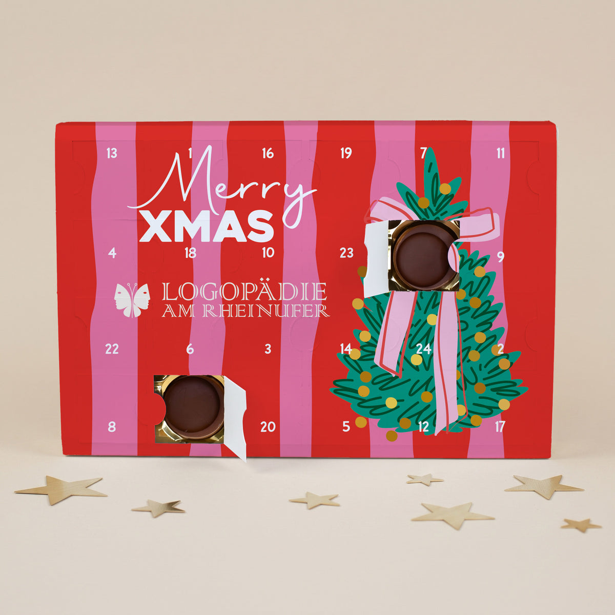 Toffifee Adventskalender „Merry Xmas“ mit Firmenlogo | Gefüllter Adventskalender für Mitarbeiter