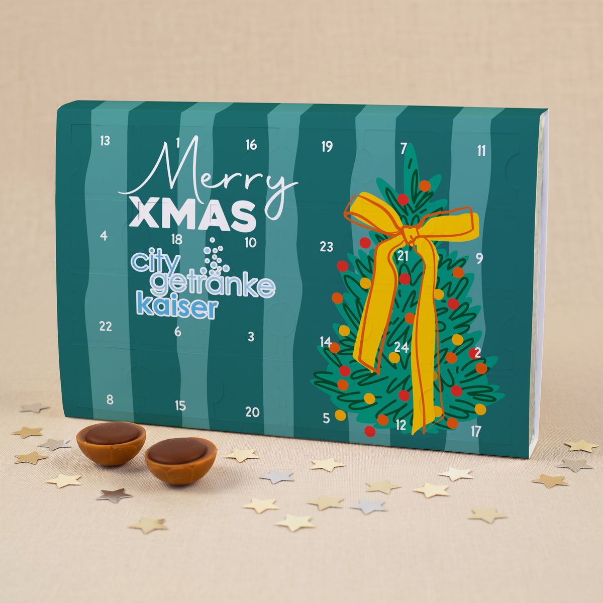 Toffifee Adventskalender „Merry Xmas“ mit Firmenlogo | Gefüllter Adventskalender für Mitarbeiter