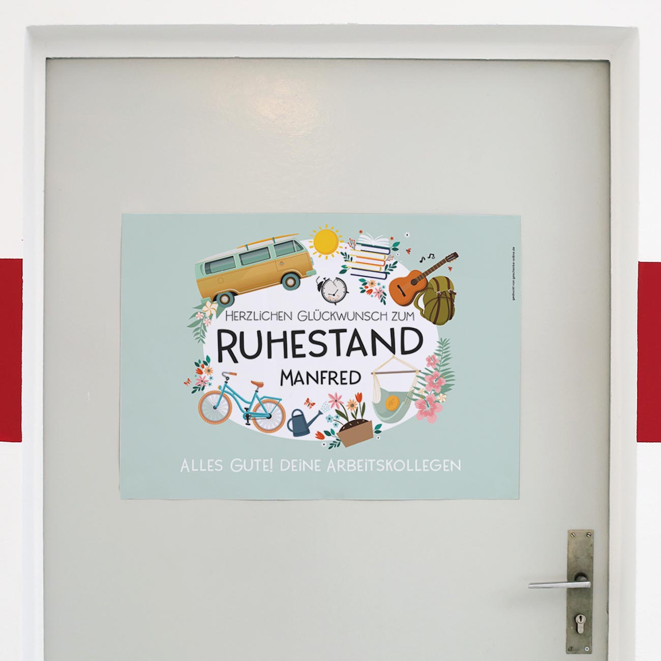 Banner mit Glückwunsch zum Ruhestand, mit Name und Wunschtext