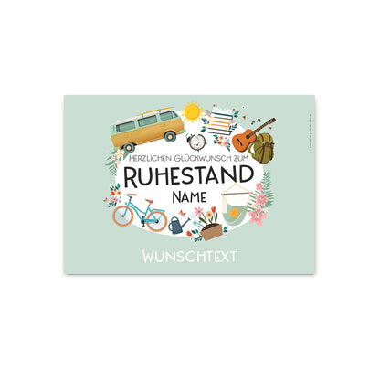 Banner mit Glückwunsch zum Ruhestand, mit Name und Wunschtext