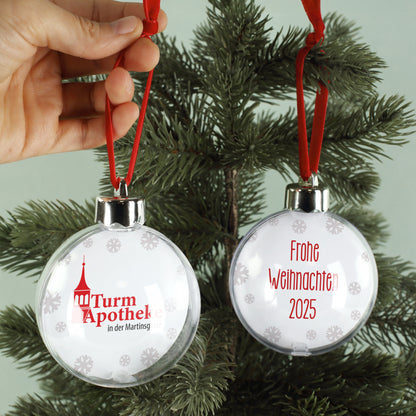 Personalisierte Weihnachtskugel mit Firmenlogo und Wunschtext