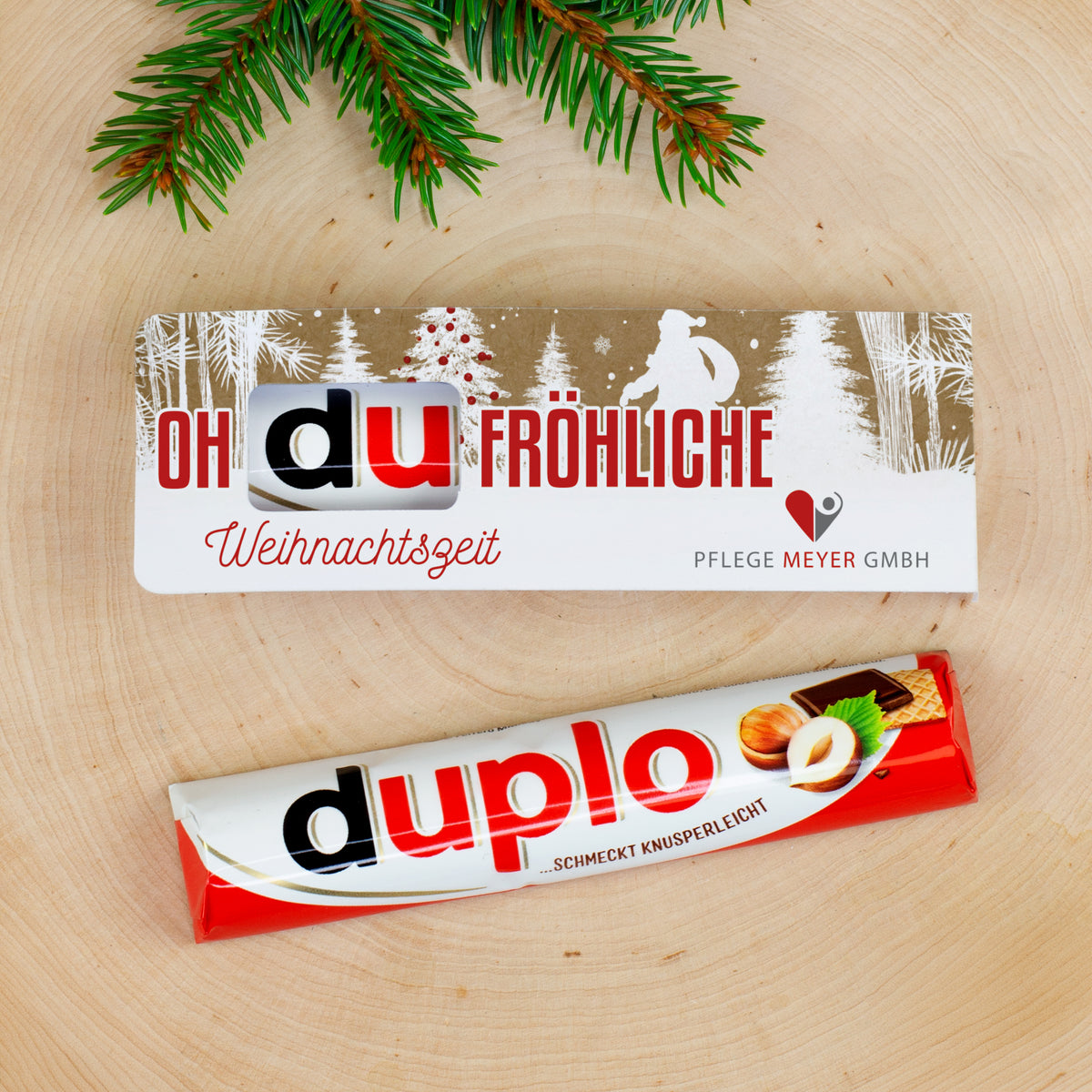 Personalisierter duplo Schokoriegel „Oh du fröhliche Weihnachtszeit“ mit Firmenlogo