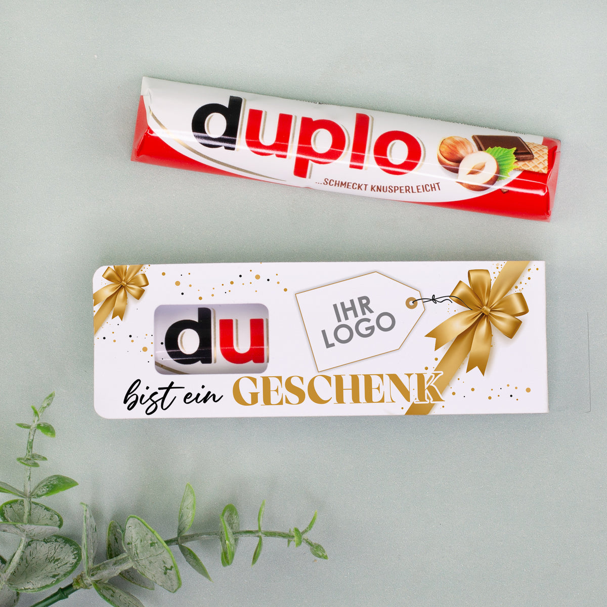 Personalisierter duplo Schokoriegel mit Firmenlogo „Du bist ein Geschenk“