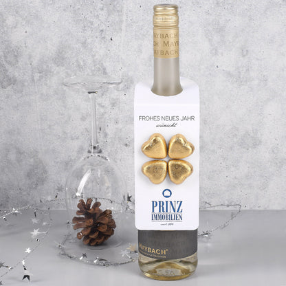 "Frohes neues Jahr" - Flaschenanhänger mit Firmenlogo