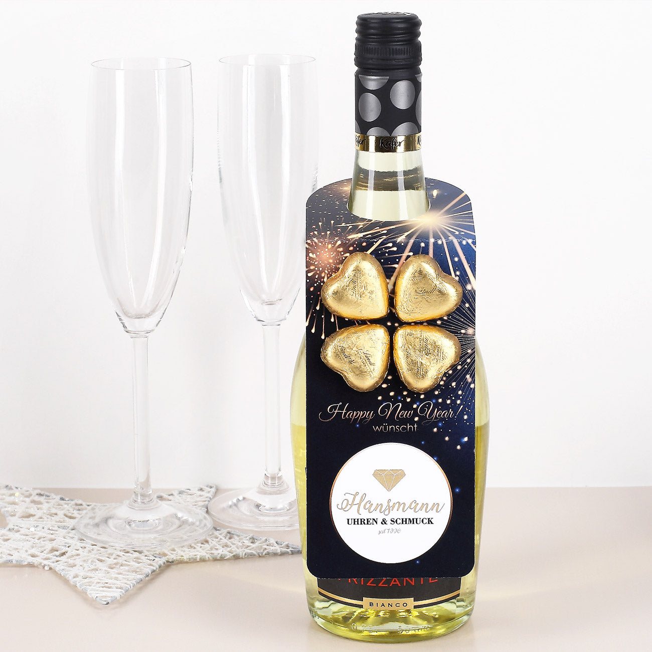 Flaschenanhänger mit Firmenlogo - Feuerwerk