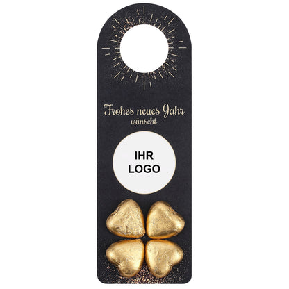 Flaschenanhänger zum neuen Jahr mit Firmenlogo und Lindt Schokolade