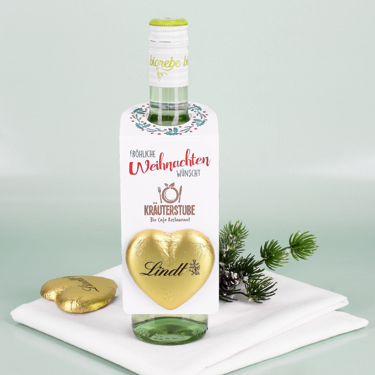 Fröhliche Weihnachten - Flaschenanhänger mit Firmenlogo & Lindt Herz