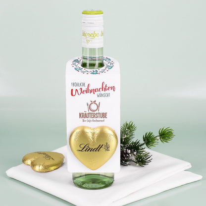 Fröhliche Weihnachten - Flaschenanhänger mit Firmenlogo & Lindt Herz