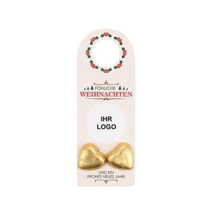 Flaschenanhänger zu Weihnachten mit Firmenlogo und Lindt Herzen