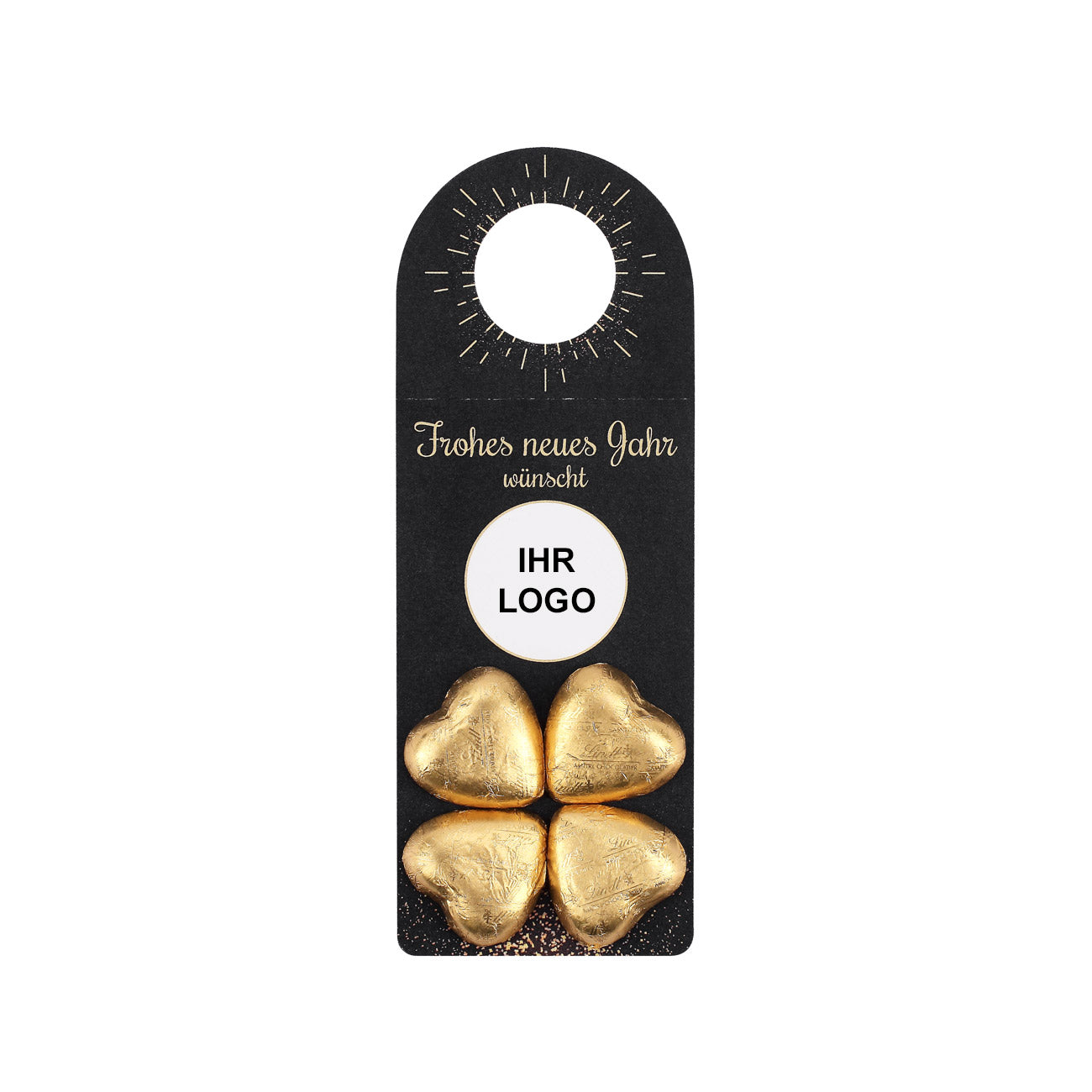 Flaschenanhänger zum neuen Jahr mit Firmenlogo und Lindt Schokolade