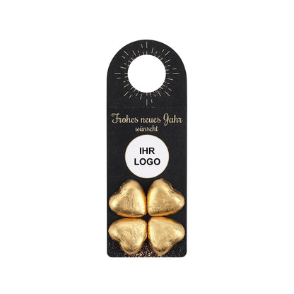 Flaschenanhänger zum neuen Jahr mit Firmenlogo und Lindt Schokolade
