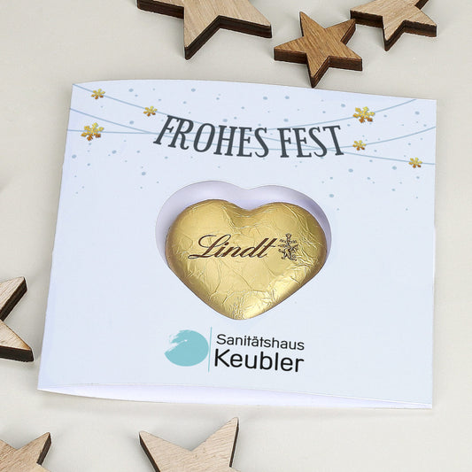 Klappkarte "Frohes Fest" mit Lindt Schoko Herz und Firmenlogo