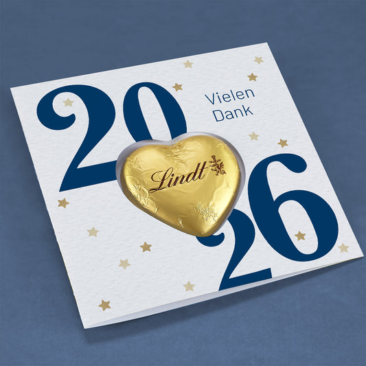 Neujahrsgruß - Klappkarte mit Lindtherz, Logo und Wunschtext