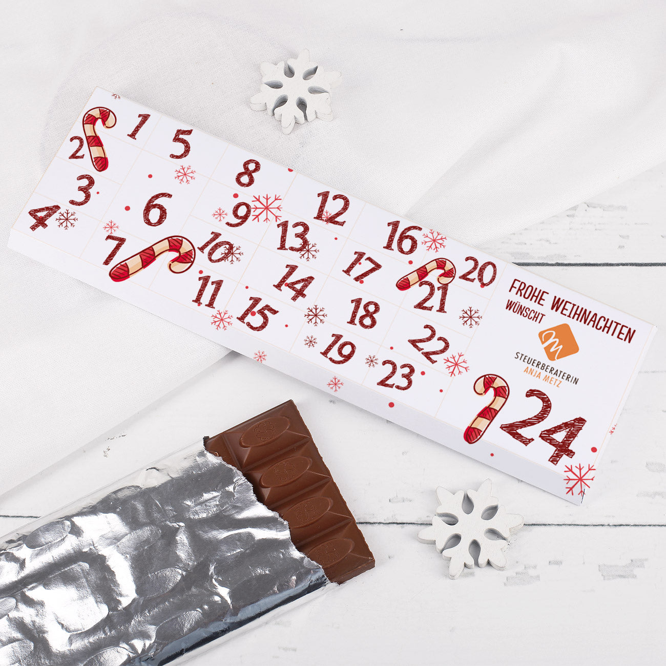 Schokoladentafel als Adventskalender mit Firmenlogo bedruckt