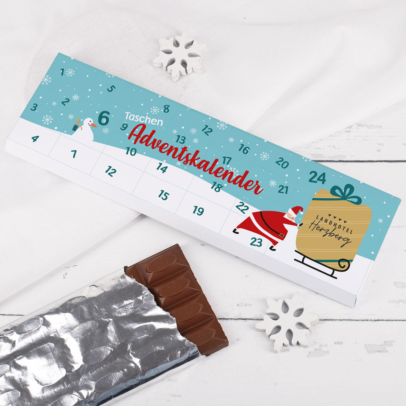Taschen Adventskalender, 300gr Schokolade, mit Firmenlogo