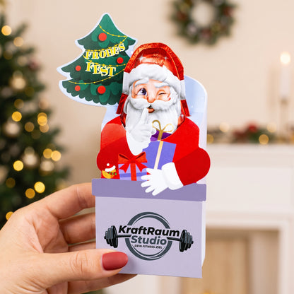 Personalisierter Milka Weihnachtsmann mit Firmenlogo in Geschenkverpackung |süßes Weihnachtsgeschenk für Mitarbeiter