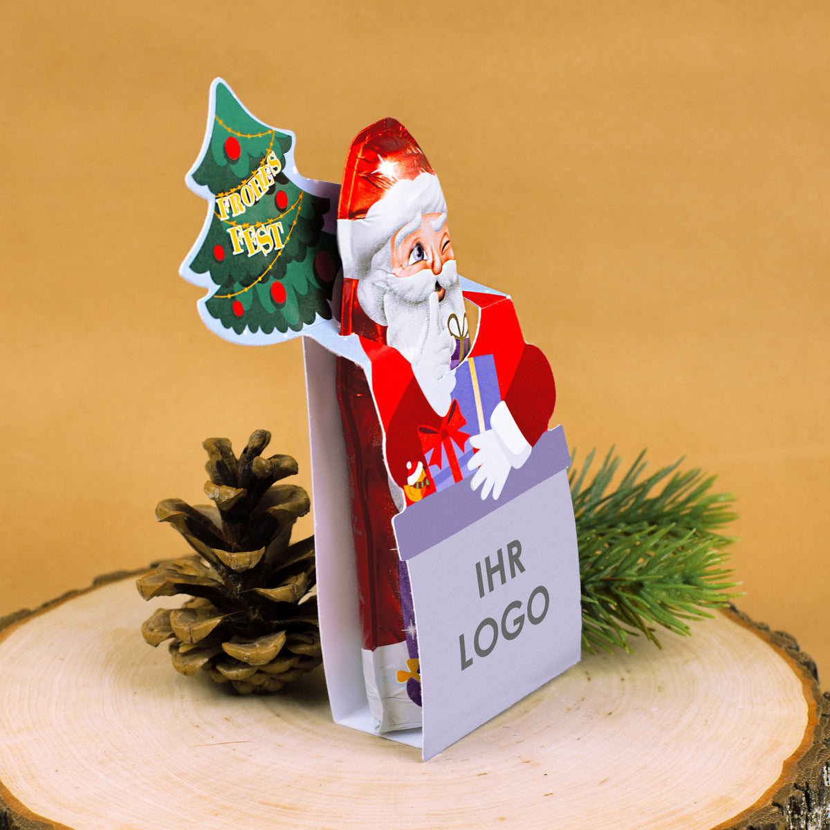 Personalisierter Milka Weihnachtsmann mit Firmenlogo in Geschenkverpackung |süßes Weihnachtsgeschenk für Mitarbeiter