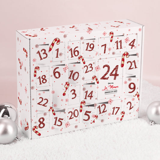 Adventskalender mit Zuckerstangen und Firmenlogo zum Befüllen