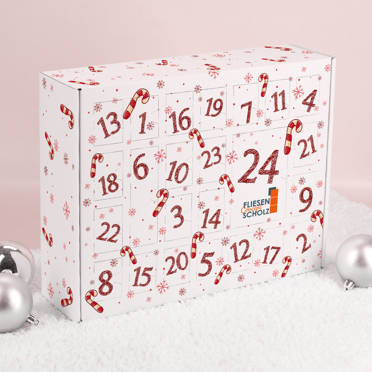 Adventskalender mit Zuckerstangen und Firmenlogo zum Befüllen