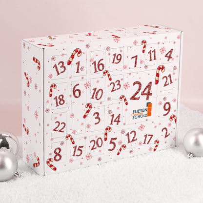 Adventskalender mit Zuckerstangen und Firmenlogo zum Befüllen