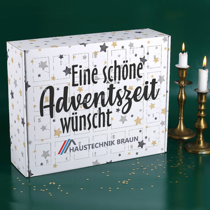 Bedruckter Adventskalender mit Logo und Sternen Muster