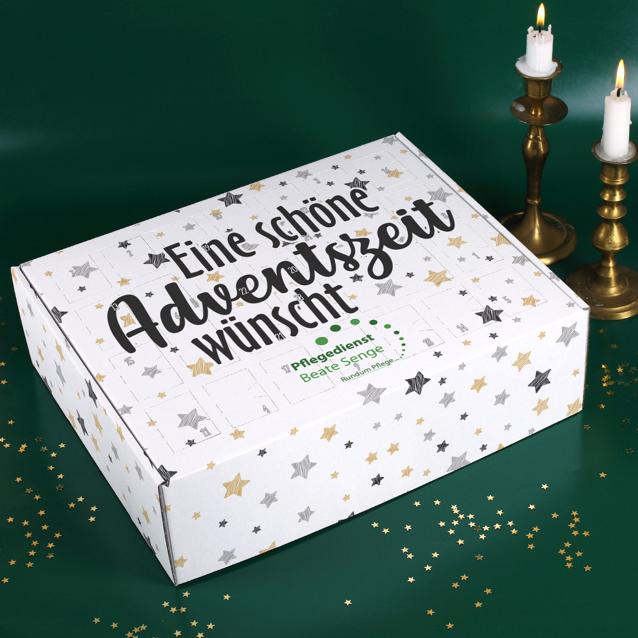 DIY Adventskalender mit Logo und Sternen bedruckt