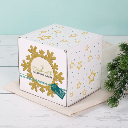 Geschenkset "große Schneeflocke" aus Tasse und Verpackung mit Logo
