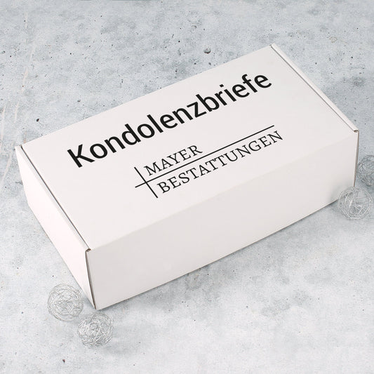 Übergabe-Box von Kondolenzbriefe mit Firmenlogo und Wunschtext