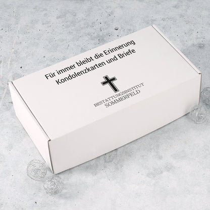 Übergabe-Box von Kondolenzbriefe mit Firmenlogo und Wunschtext