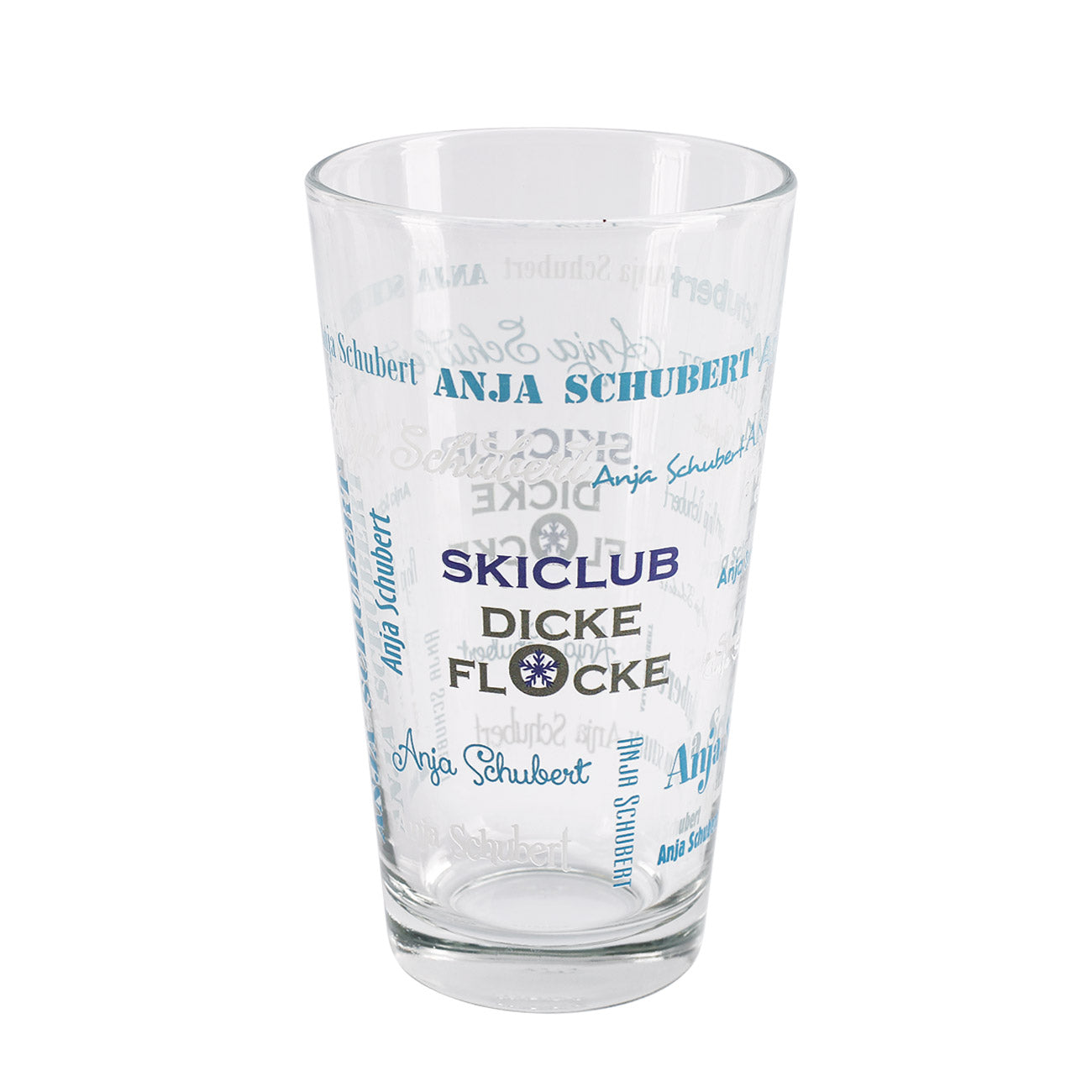 Trinkglas mit Name in verschiedenen Schriftarten und Logo bedruckt