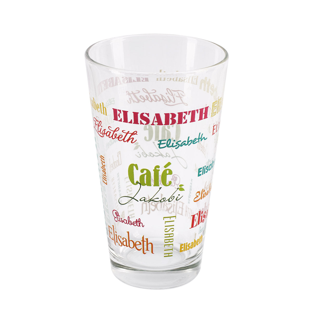 Trinkglas mit Name in verschiedenen Schriftarten und Logo bedruckt