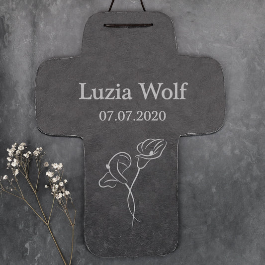 Gedenkkreuz mit Name und Datum – Calla Blume