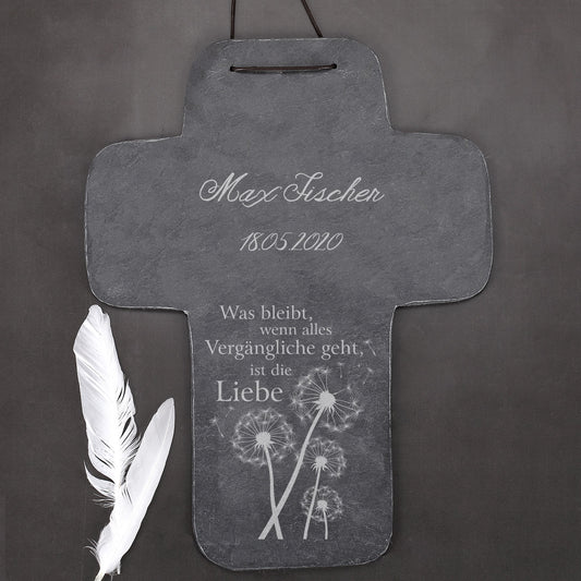 Schieferkreuz „Was bleibt ist die Liebe“ mit Name