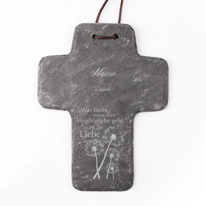 Schieferkreuz „Was bleibt ist die Liebe“ mit Name